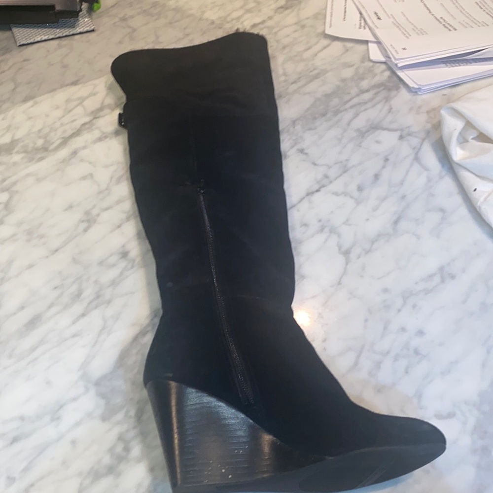 Black suede over the knee BCBG wedge heel boots.